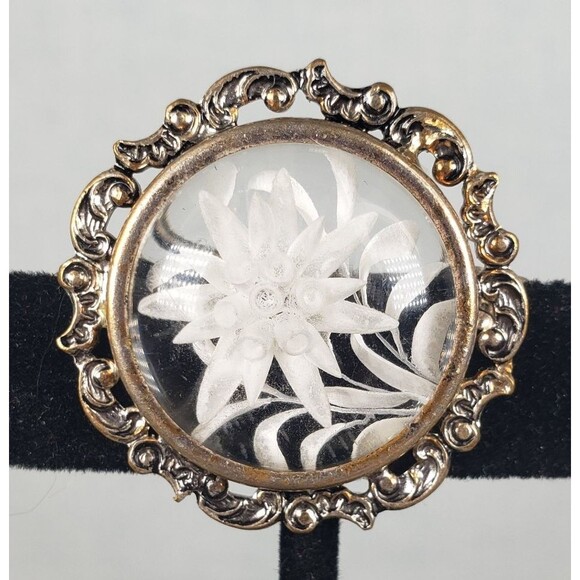 Vintage 1950's Clear Acrylic Domed Carved White Flower Silver Tone 1.25